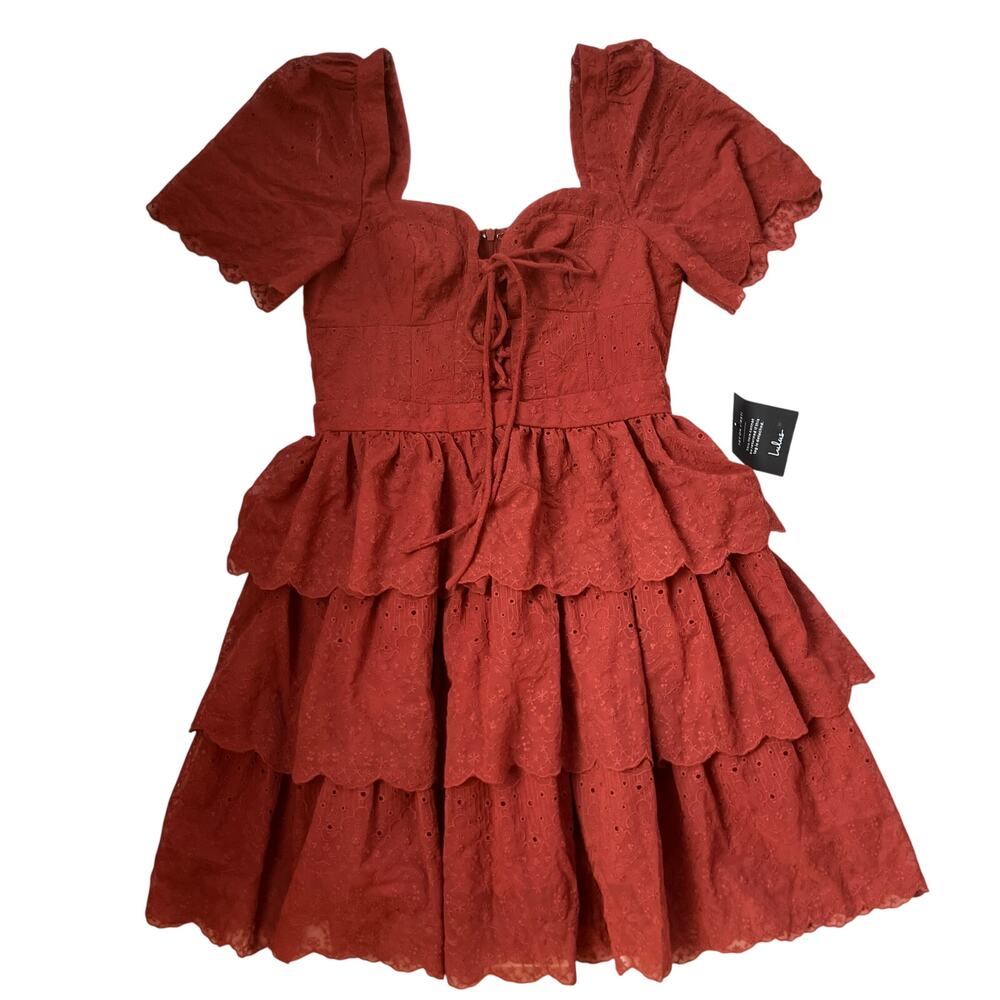 NWT Lulus Cotton Eyelet Corset Tiered Lace-Up Mini Dress Size M Coquette
